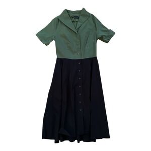 Gown Town Green & Black Collared Shirt Dress Button Front Size Large Midi
